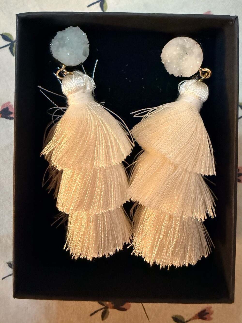 Pave Envy White Druzy Stone And Triple Tier Tassel Drop Earrings